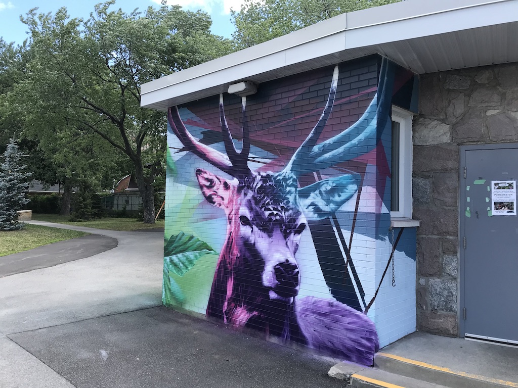 Murale située au 900 rue Trudeau, sur le chalet de Parc Poirier